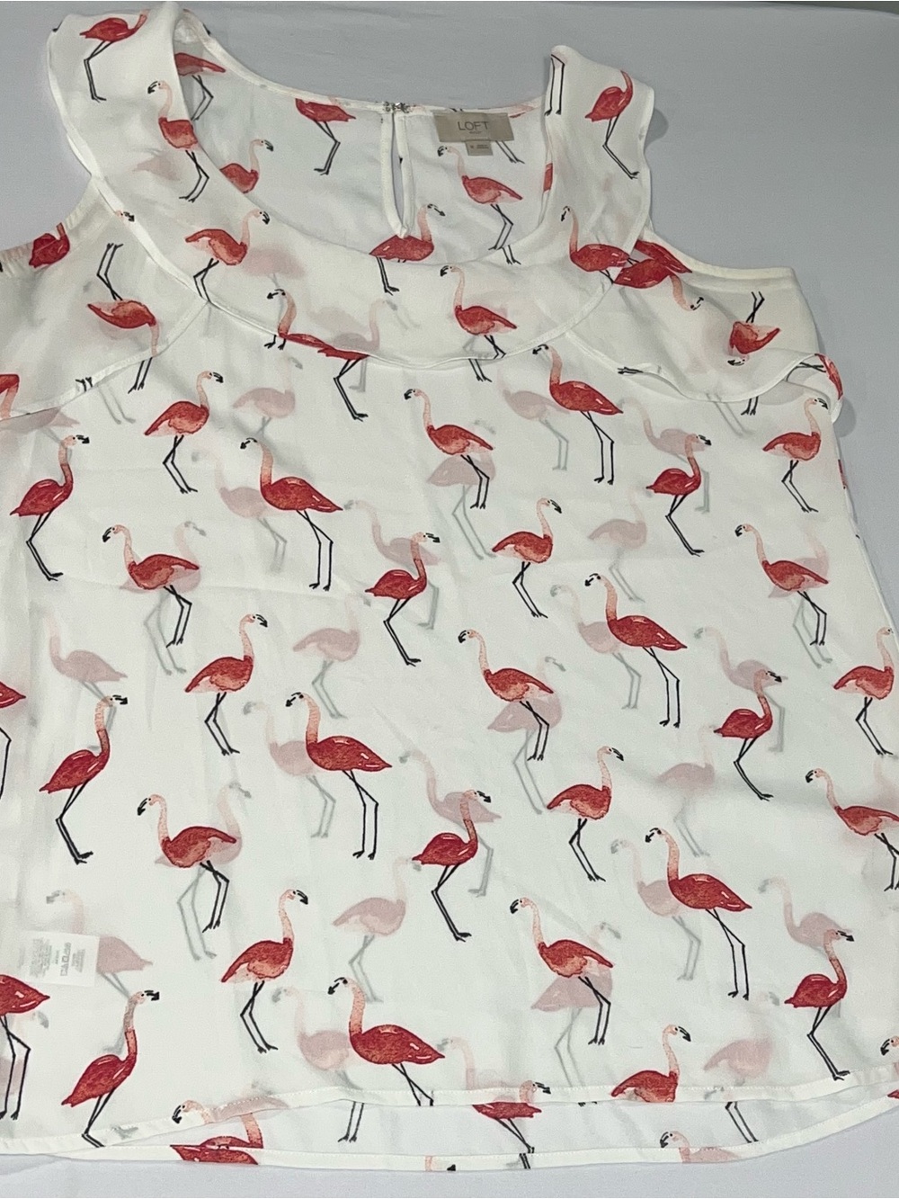 LOFT Outlet Flamingo Print Ruffle Shoulder Shell - White & Pink